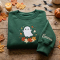 Personalized Halloween Ghost Fall Leaves Sparkle embroidered sweatshirt — front view