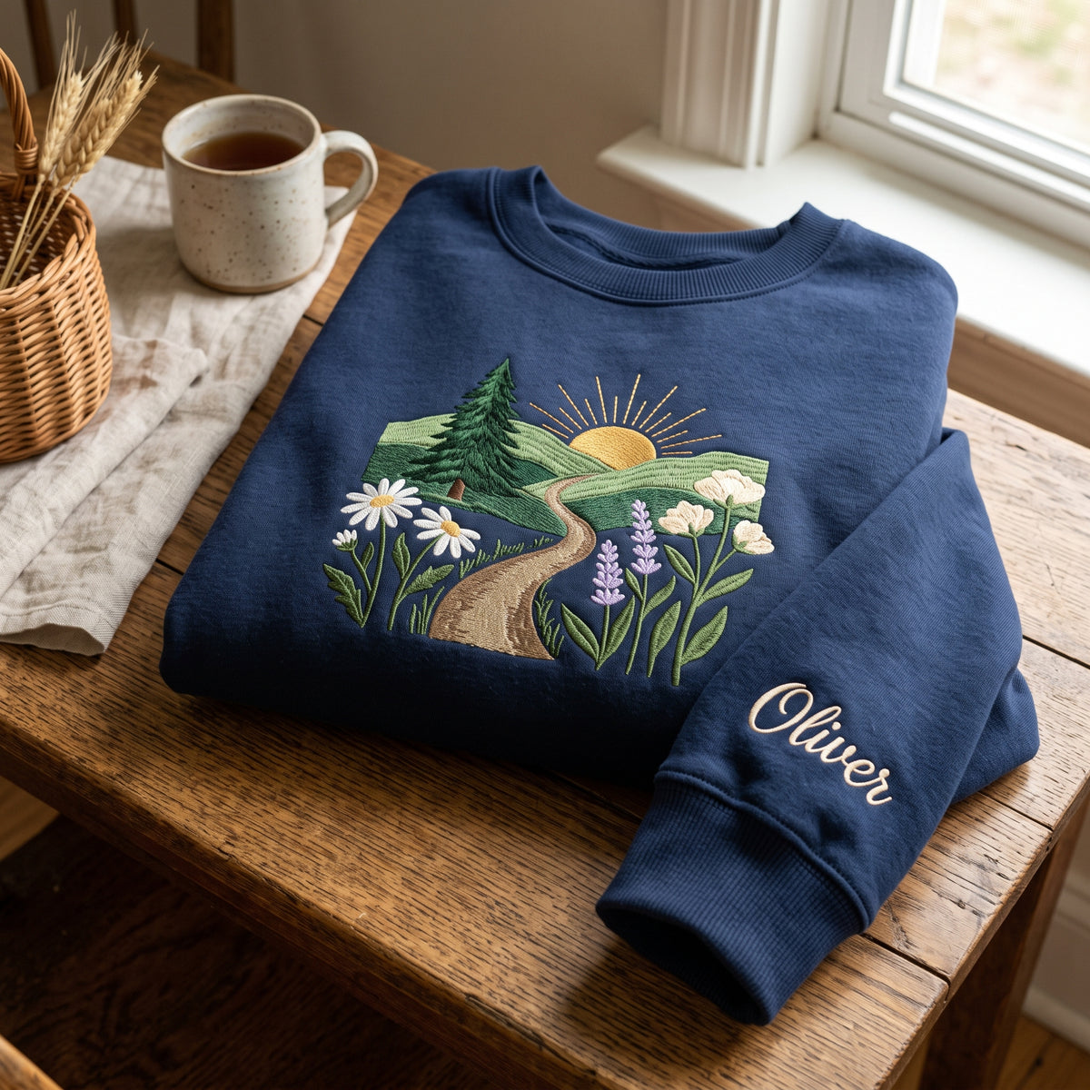 Personalized Wildflower Meadow Sunrise Pine Tree Path embroidered sweatshirt — front view