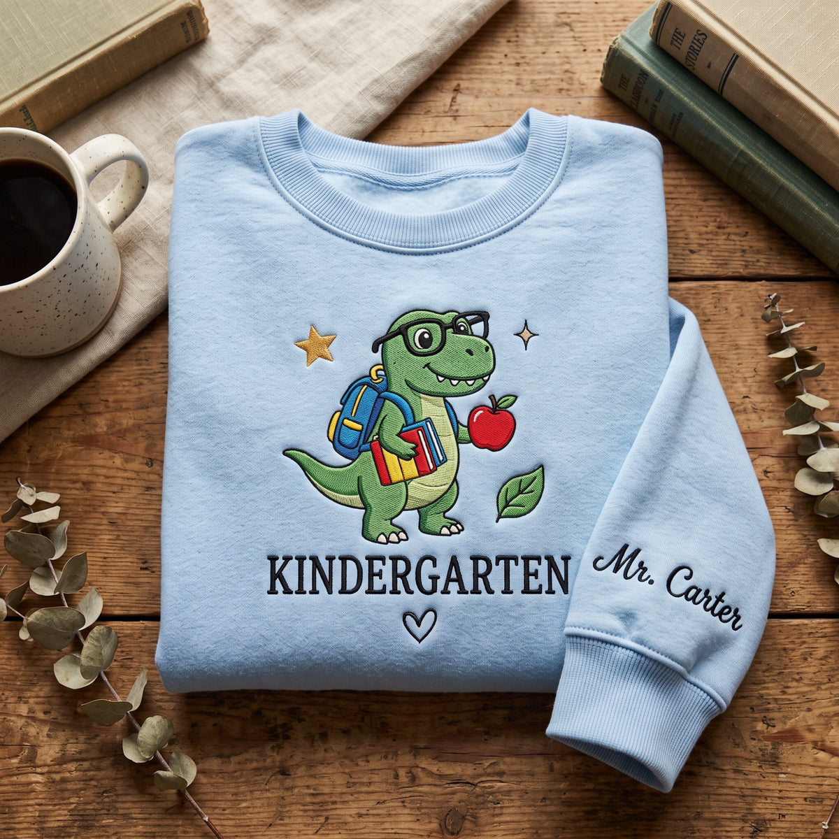 Personalized Kindergarten Teacher Dinosaur Backpack Books Apple embroidered sweatshirt — front view