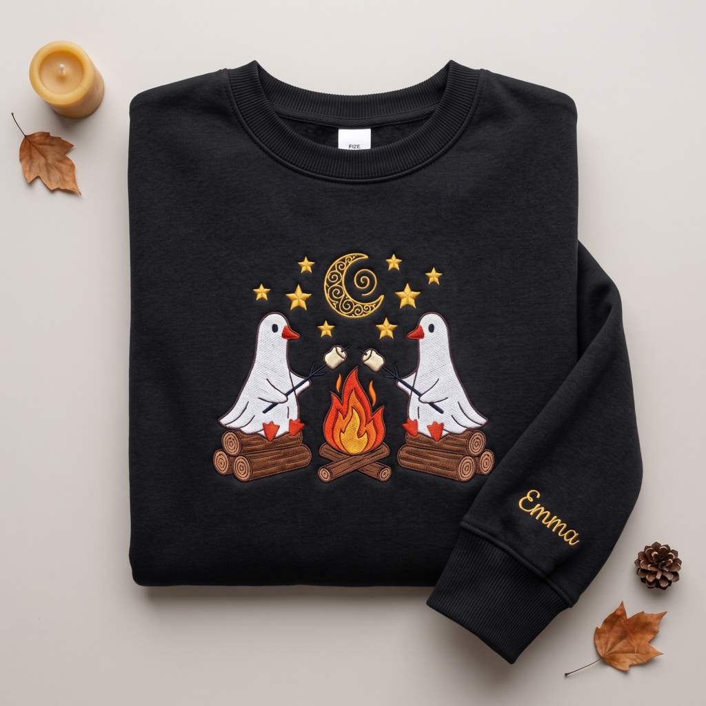 Personalized Halloween Ghost Goose Campfire embroidered sweatshirt — front view