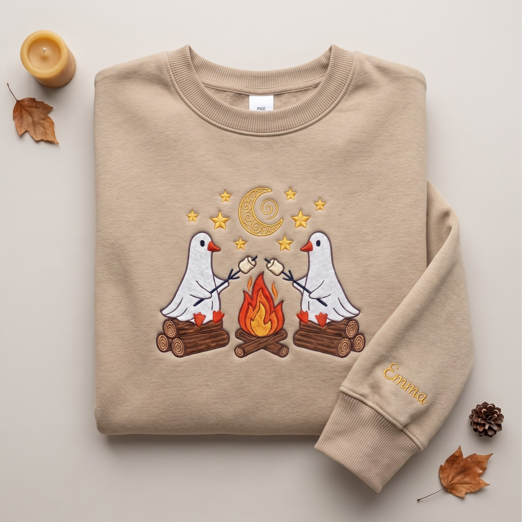 Personalized Halloween Ghost Goose Campfire embroidered sweatshirt — chest embroidery