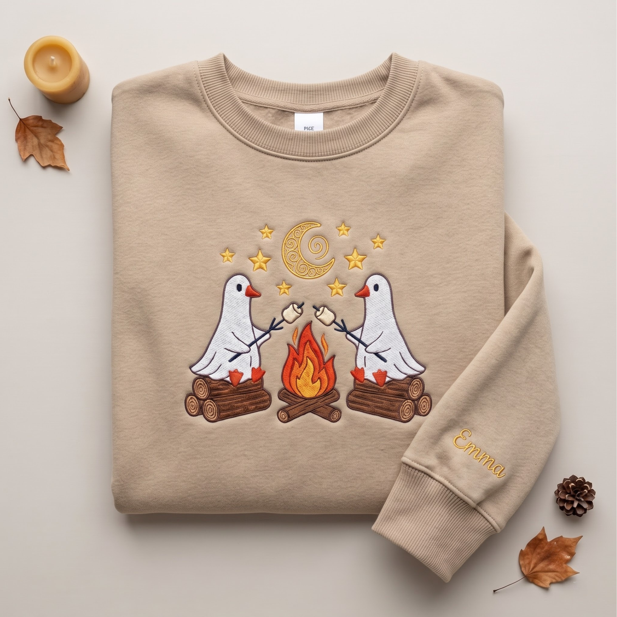 Personalized Halloween Ghost Goose Campfire embroidered sweatshirt — chest embroidery