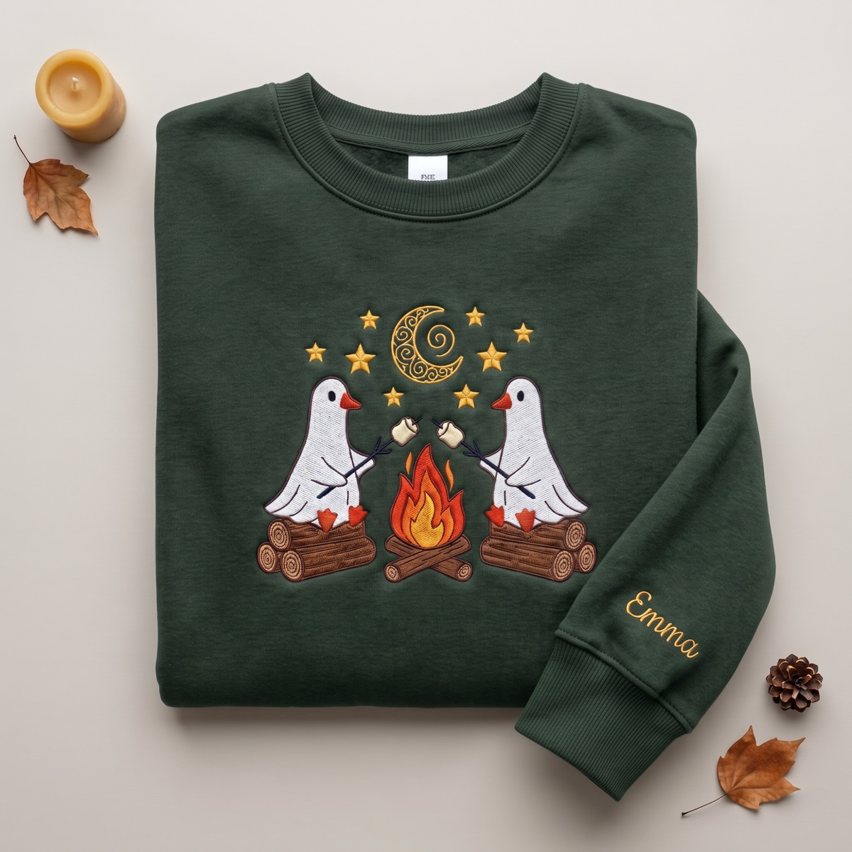 Personalized Halloween Ghost Goose Campfire embroidered sweatshirt — chest embroidery