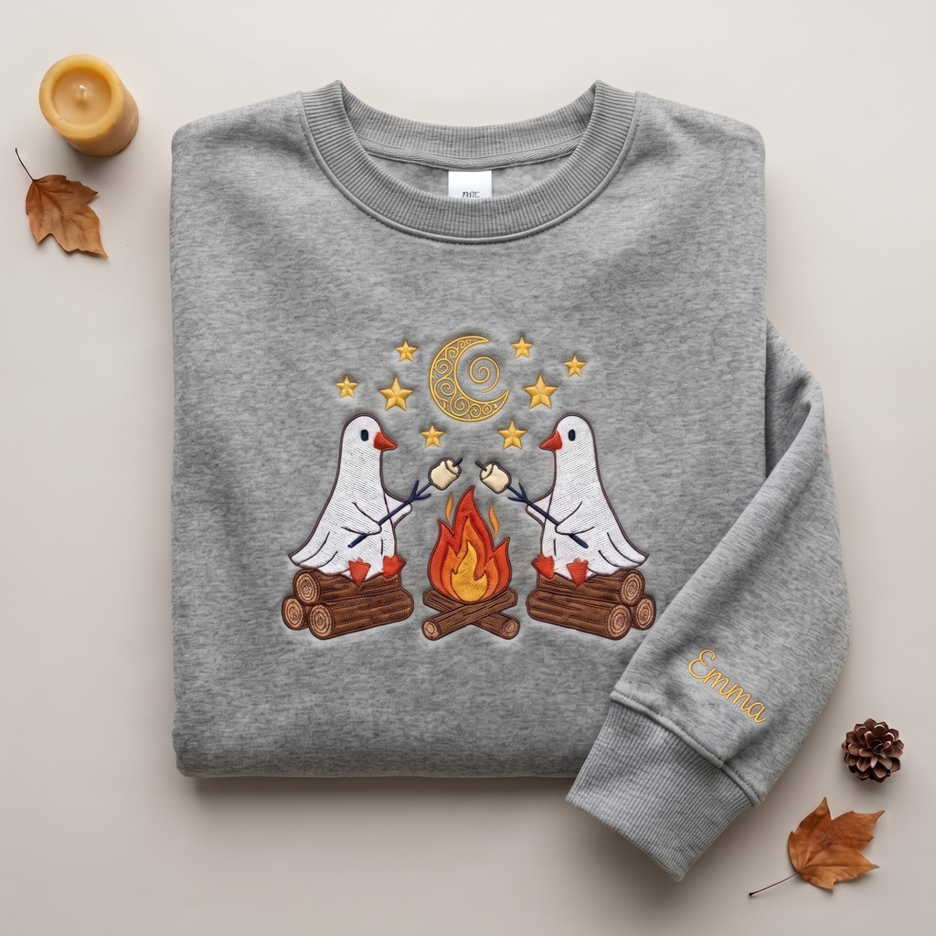 Personalized Halloween Ghost Goose Campfire embroidered sweatshirt — chest embroidery