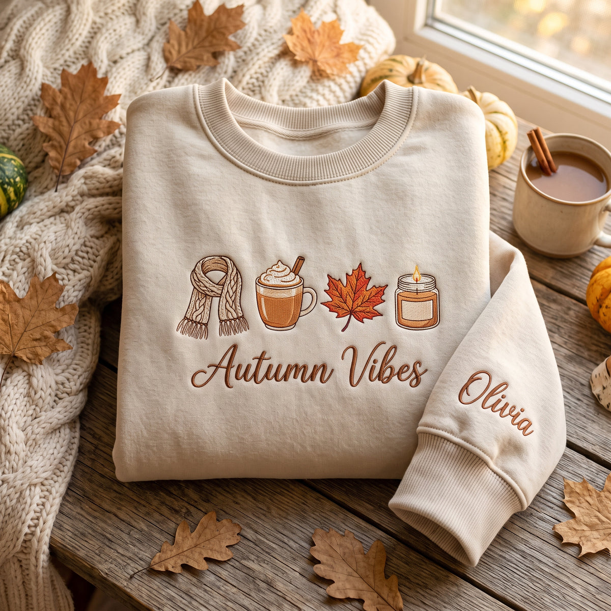 Personalized Autumn Scarf Pumpkin Spice Latte Maple Leaf Candle Autumn Vibes embroidered sweatshirt — front view
