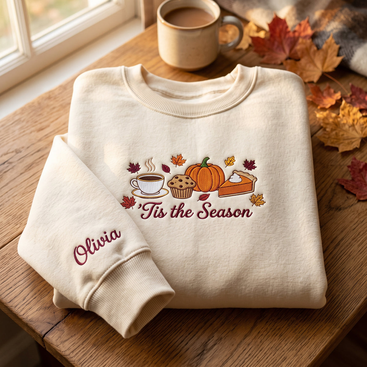 Personalized Fall Coffee Muffin Pumpkin Pie Tis the Season embroidered sweatshirt — front view