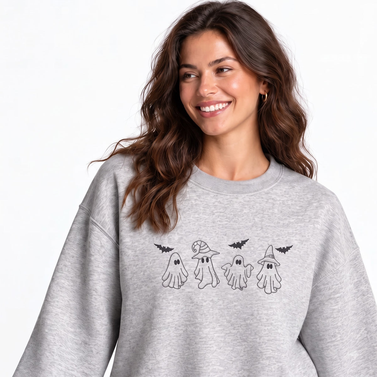 Halloween Four Ghosts Witch Hat Bats Minimalist Outline embroidered sweatshirt — front view