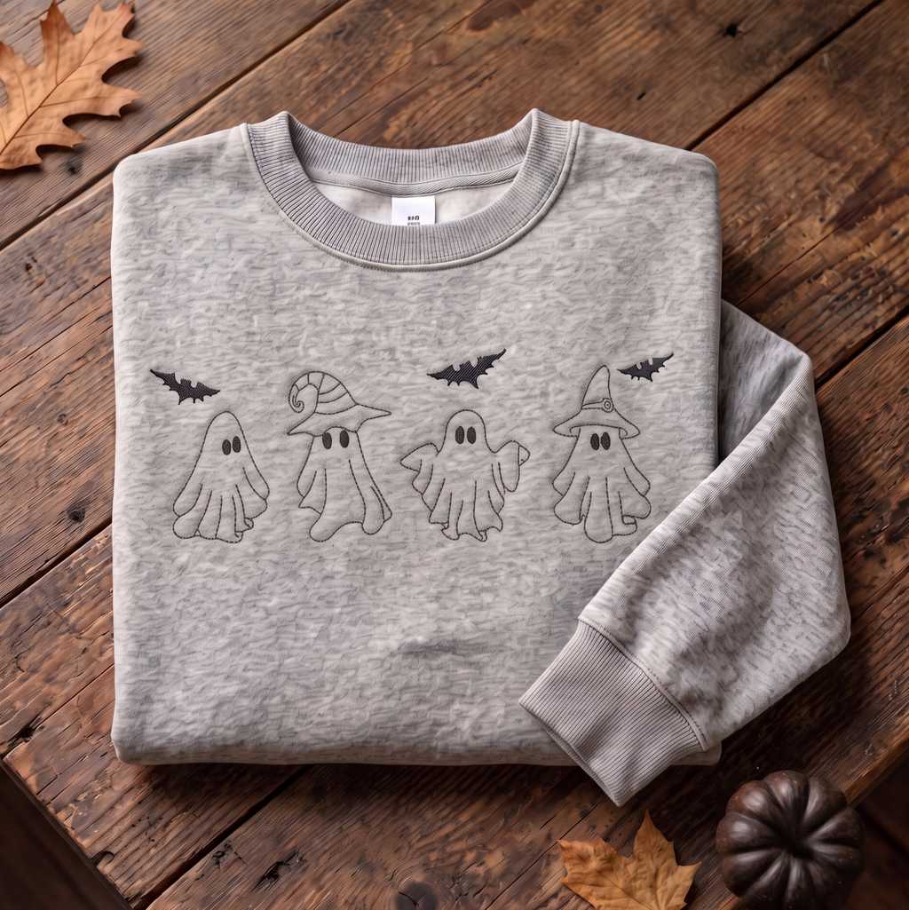 Halloween Four Ghosts Witch Hat Bats Minimalist Outline embroidered sweatshirt — front view