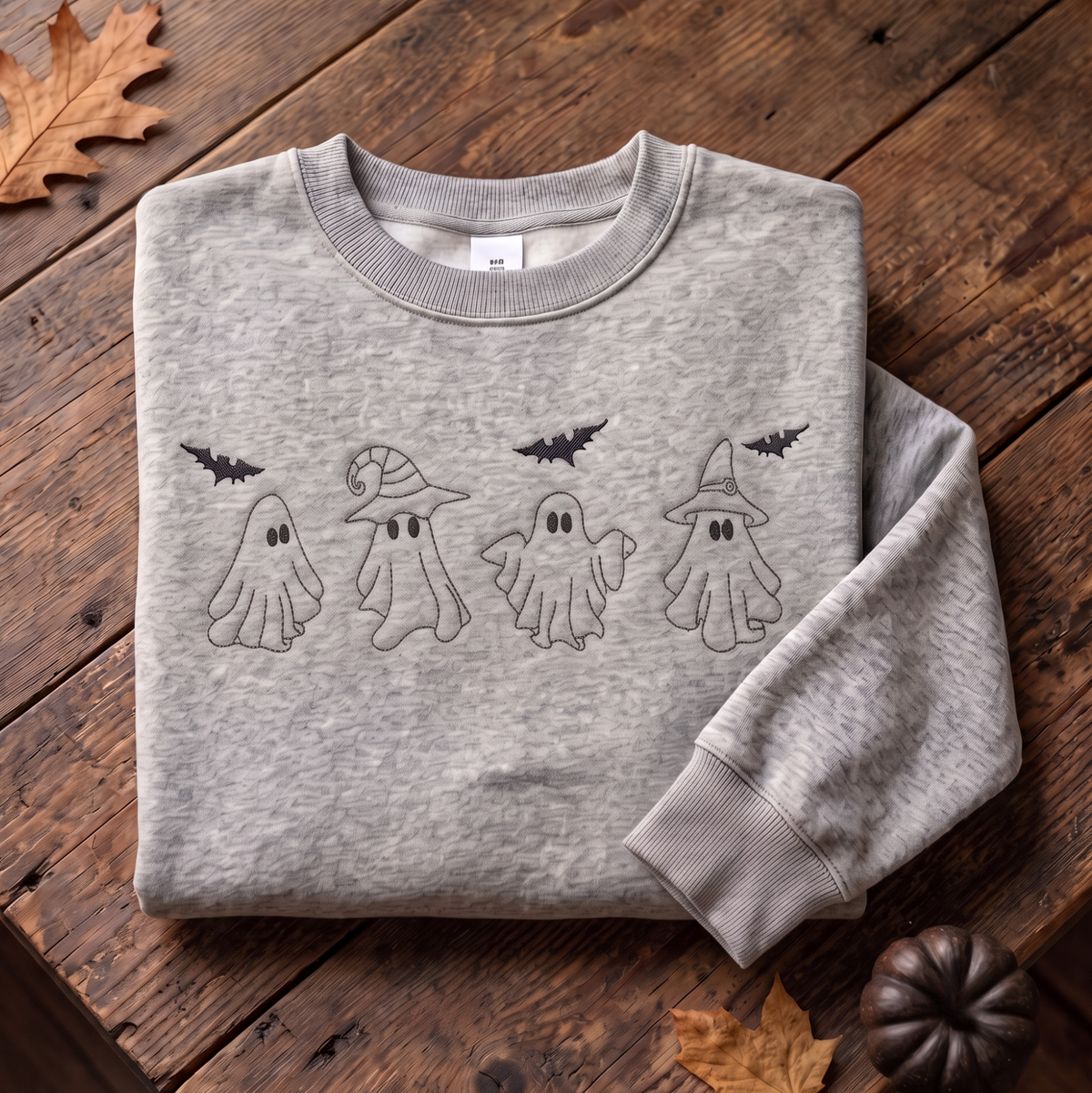 Halloween Four Ghosts Witch Hat Bats Minimalist Outline embroidered sweatshirt — front view