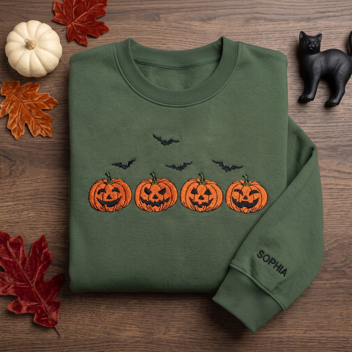 Personalized Halloween Jack O Lantern Four Pumpkins Bats embroidered sweatshirt — front view