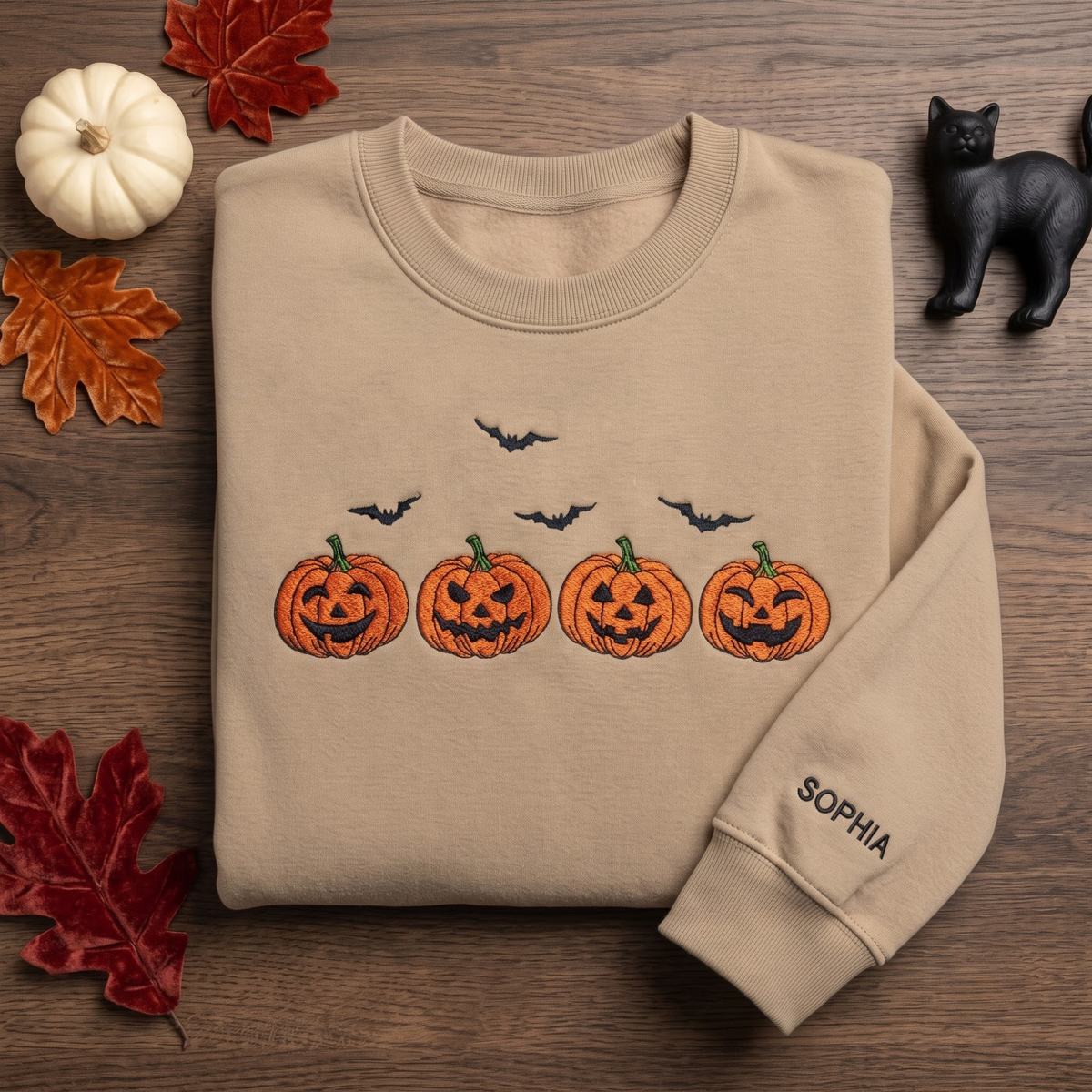 Personalized Halloween Jack O Lantern Four Pumpkins Bats embroidered sweatshirt — front view