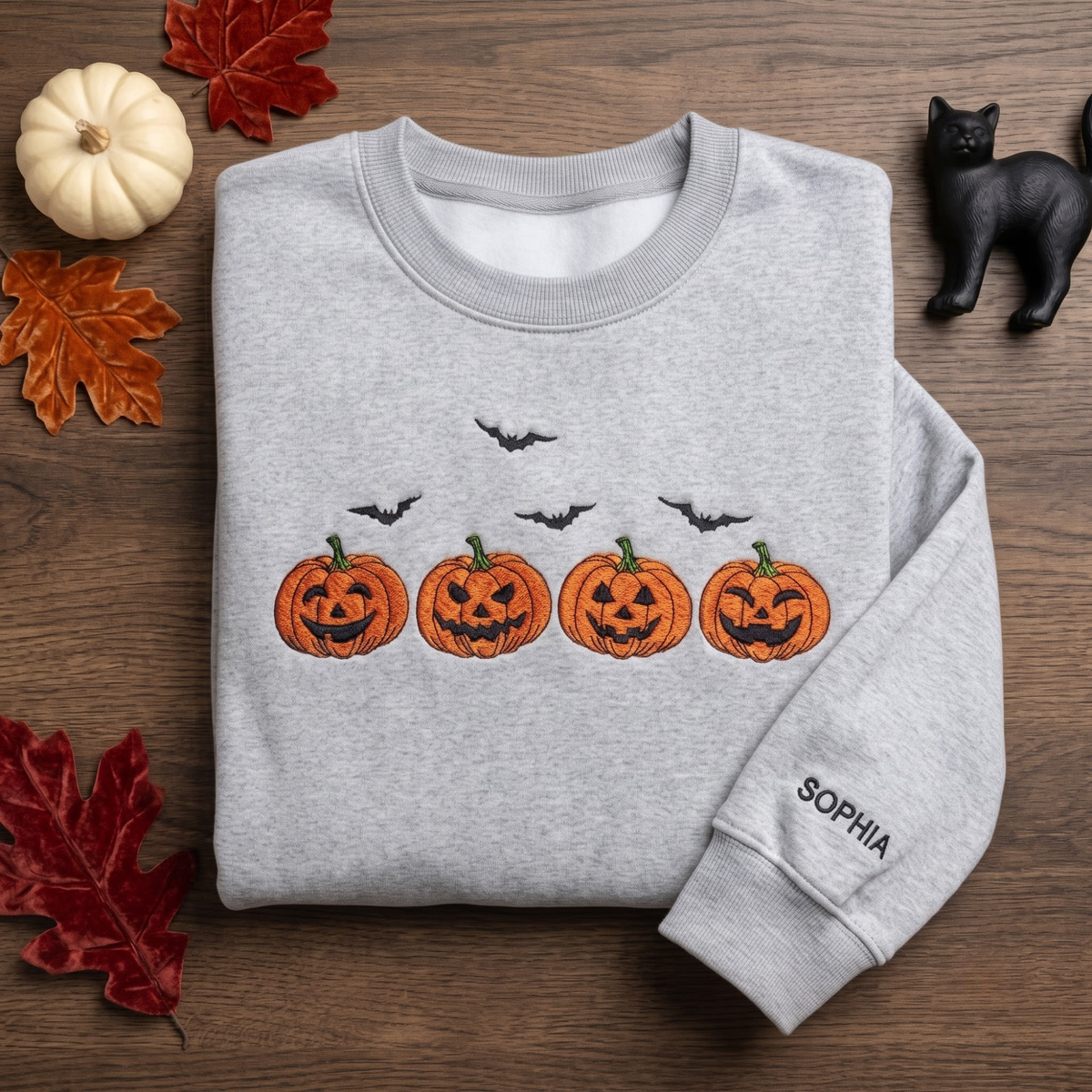 Personalized Halloween Jack O Lantern Four Pumpkins Bats embroidered sweatshirt — front view