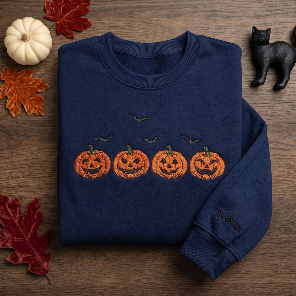 Personalized Halloween Jack O Lantern Four Pumpkins Bats embroidered sweatshirt — front view