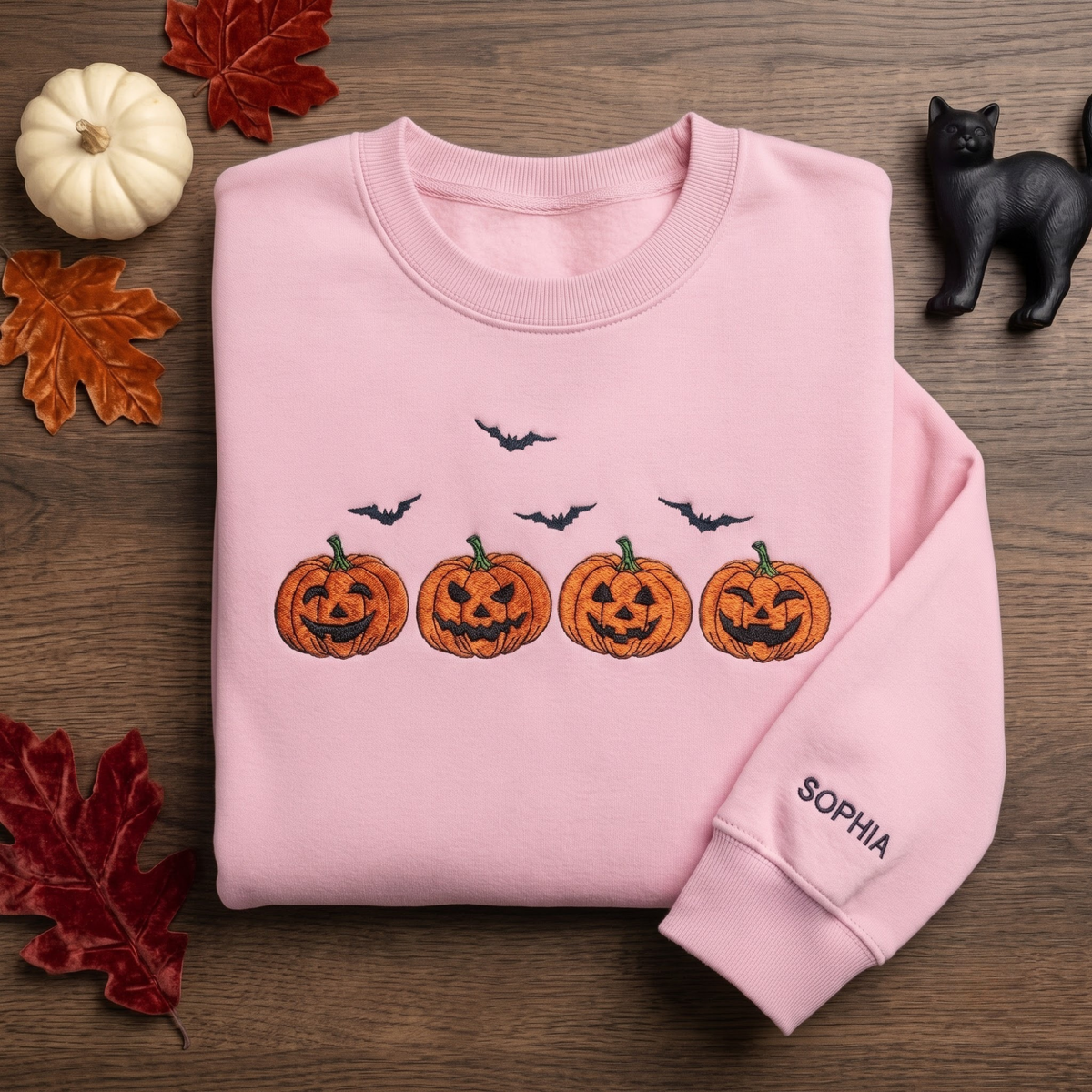 Personalized Halloween Jack O Lantern Four Pumpkins Bats embroidered sweatshirt — front view