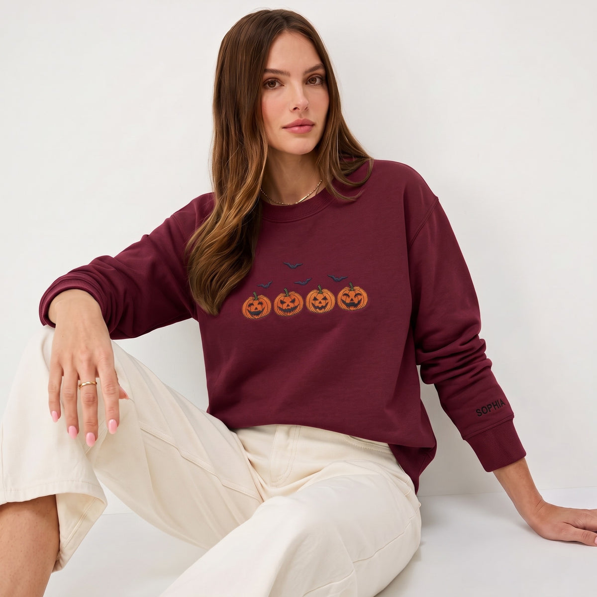 Personalized Halloween Jack O Lantern Four Pumpkins Bats Embroidered Sweatshirt — Maroon
