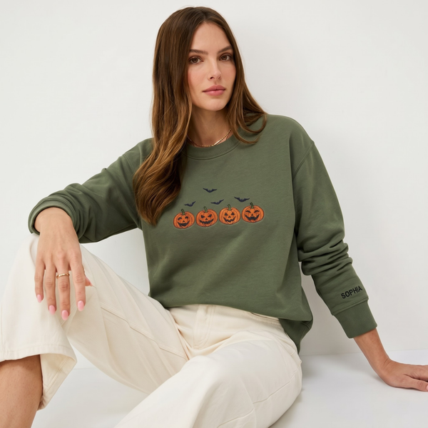 Personalized Halloween Jack O Lantern Four Pumpkins Bats embroidered sweatshirt — front view