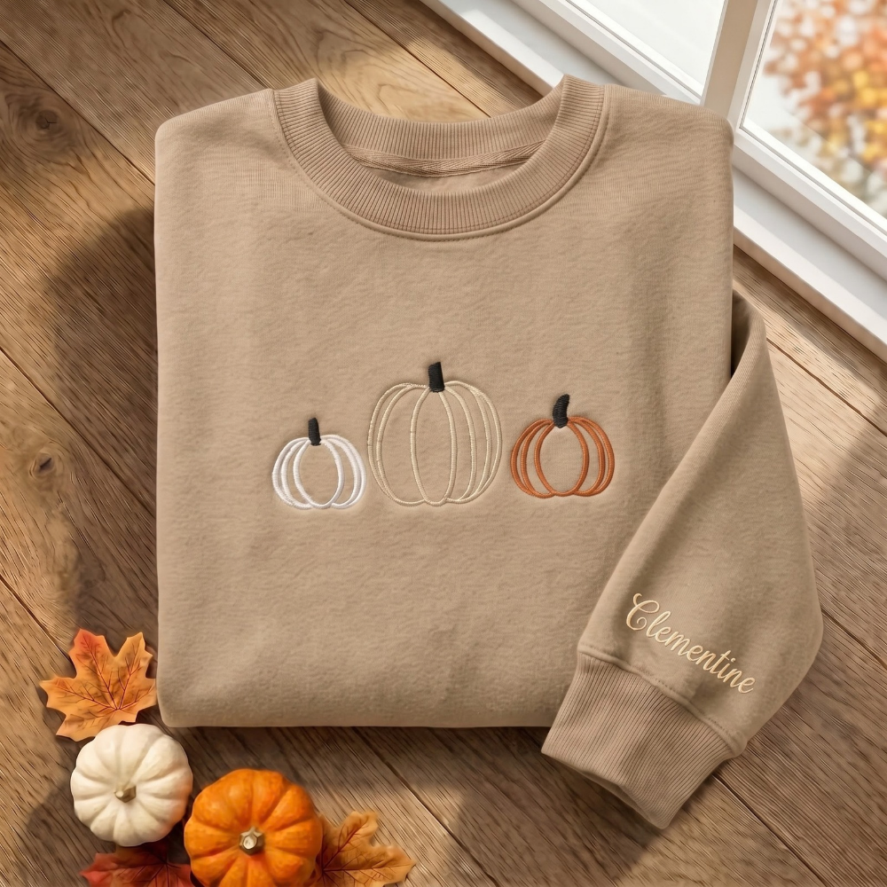 Personalized Fall Pumpkin Trio Minimalist Outline embroidered sweatshirt — front view