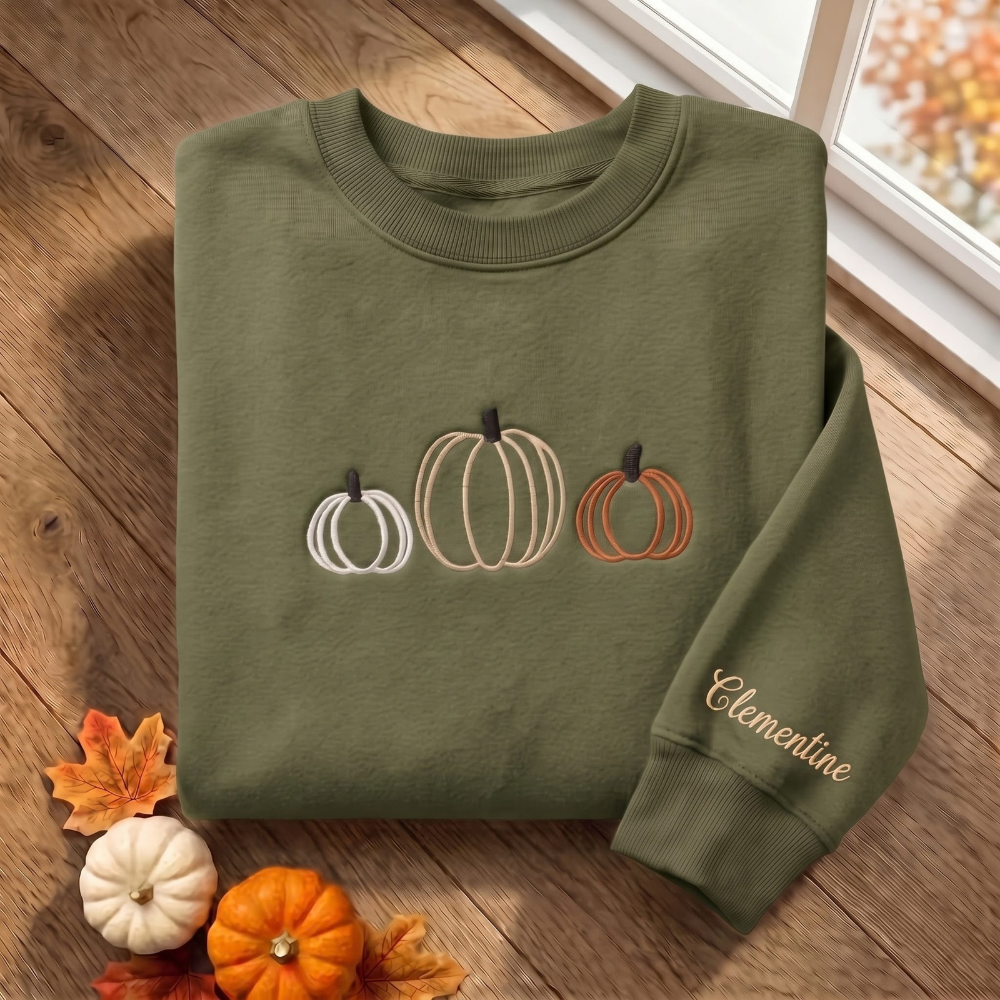 Personalized Fall Pumpkin Trio Minimalist Outline embroidered sweatshirt — front view