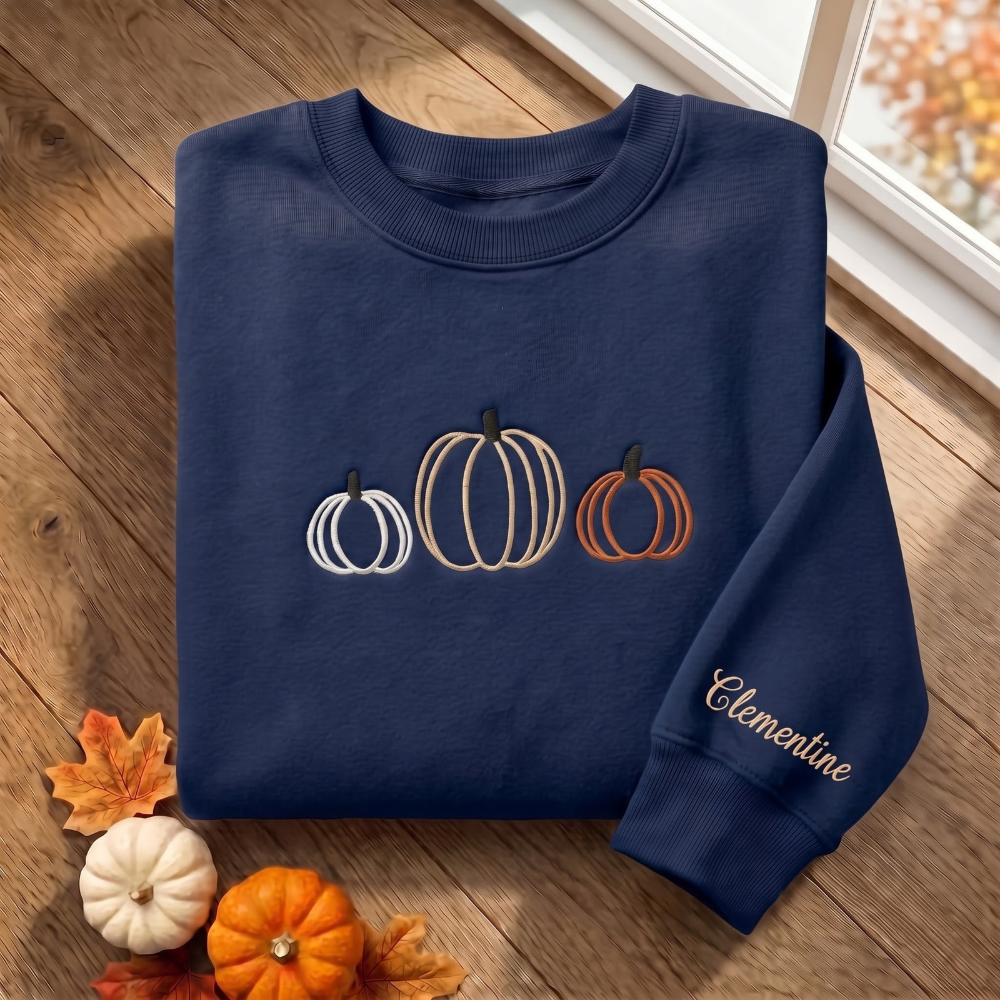 Personalized Fall Pumpkin Trio Minimalist Outline embroidered sweatshirt — front view