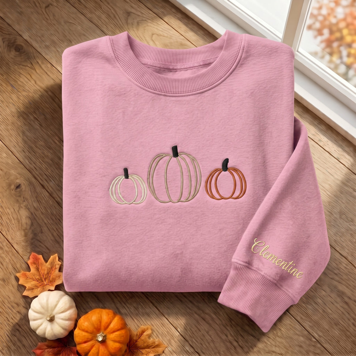 Personalized Fall Pumpkin Trio Minimalist Outline Embroidered Sweatshirt — Light Pink