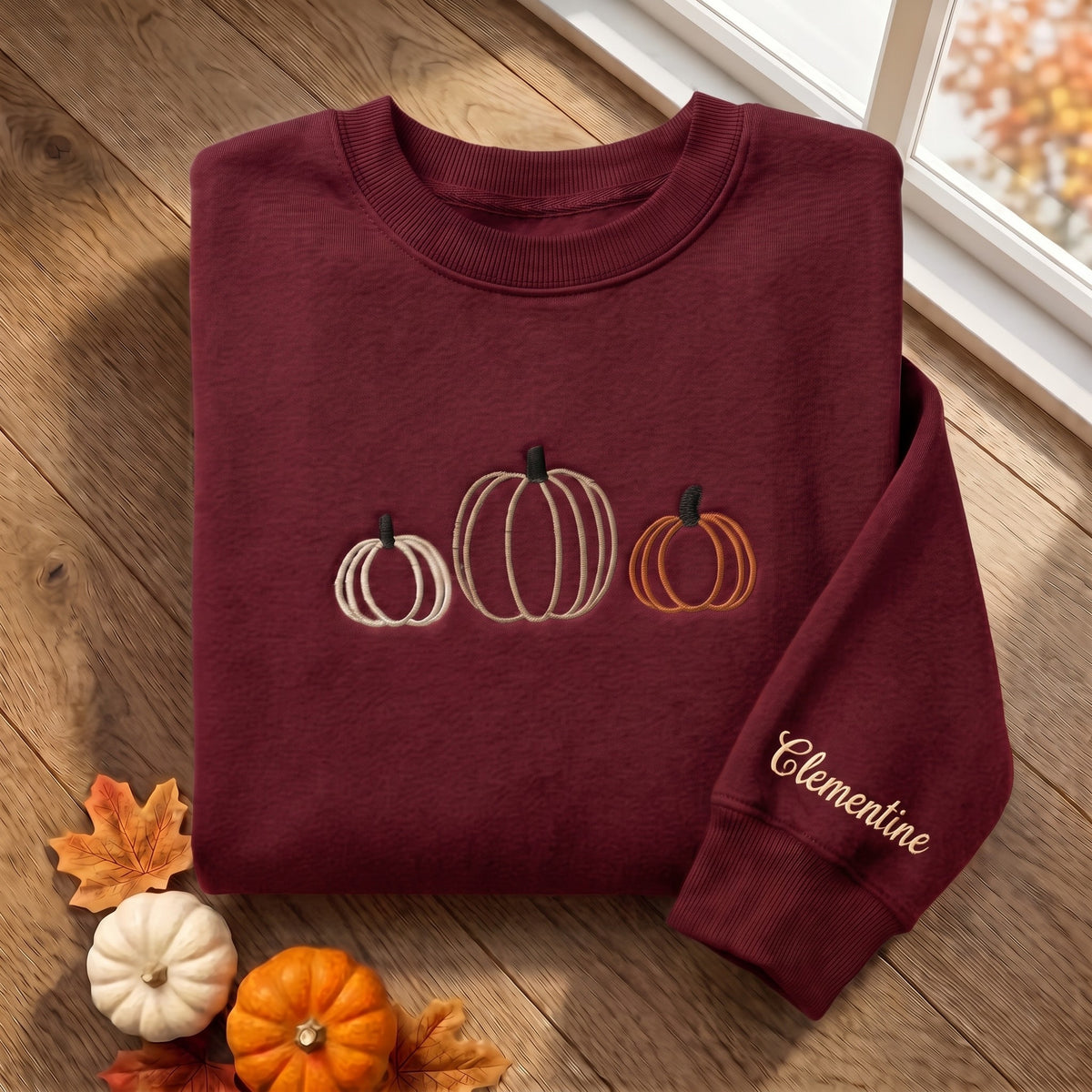 Personalized Fall Pumpkin Trio Minimalist Outline Embroidered Sweatshirt — Maroon