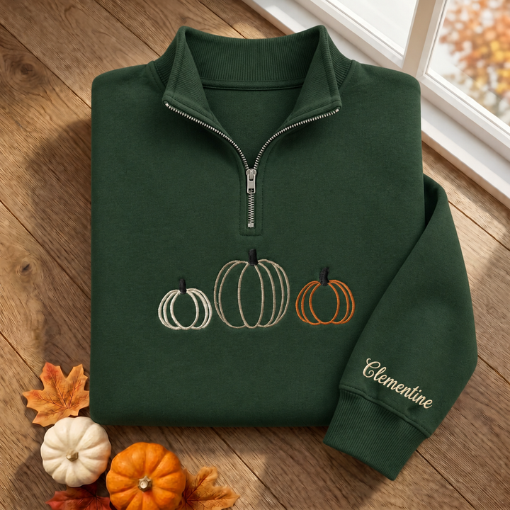 Personalized Fall Pumpkin Trio Minimalist Outline Embroidered Quarter-Zip