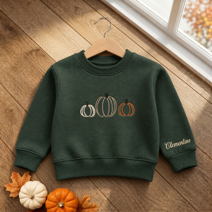Personalized Fall Pumpkin Trio Minimalist Outline Embroidered Youth Sweatshirt
