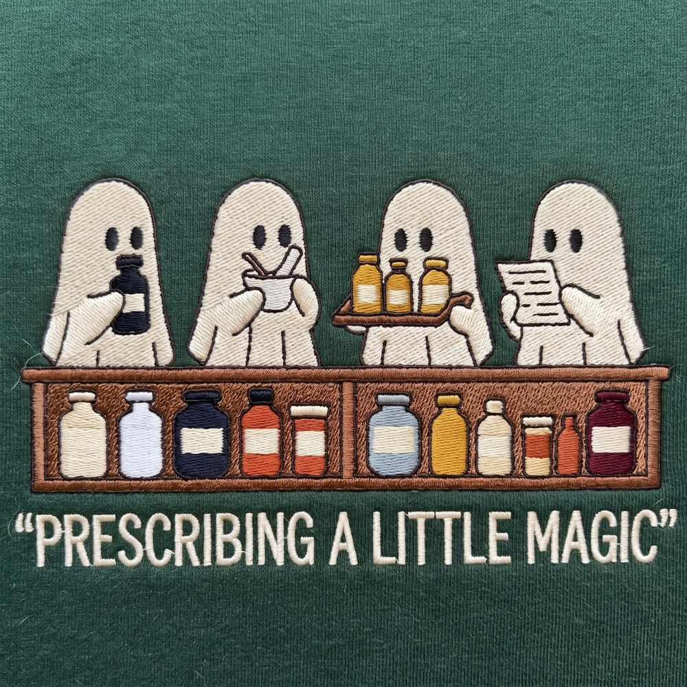 Personalized Pharmacist Halloween Ghosts Prescribing a Little Magic embroidered sweatshirt — front view