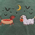 Halloween Dachshund Hot Dog Costume and Ghost Dog Pumpkin Bucket Bats Moon embroidered sweatshirt — front view