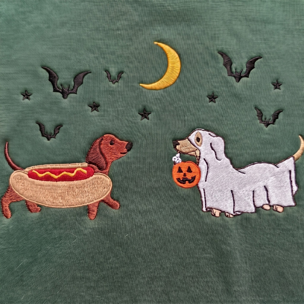 Halloween Dachshund Hot Dog Costume and Ghost Dog Pumpkin Bucket Bats Moon embroidered sweatshirt — front view
