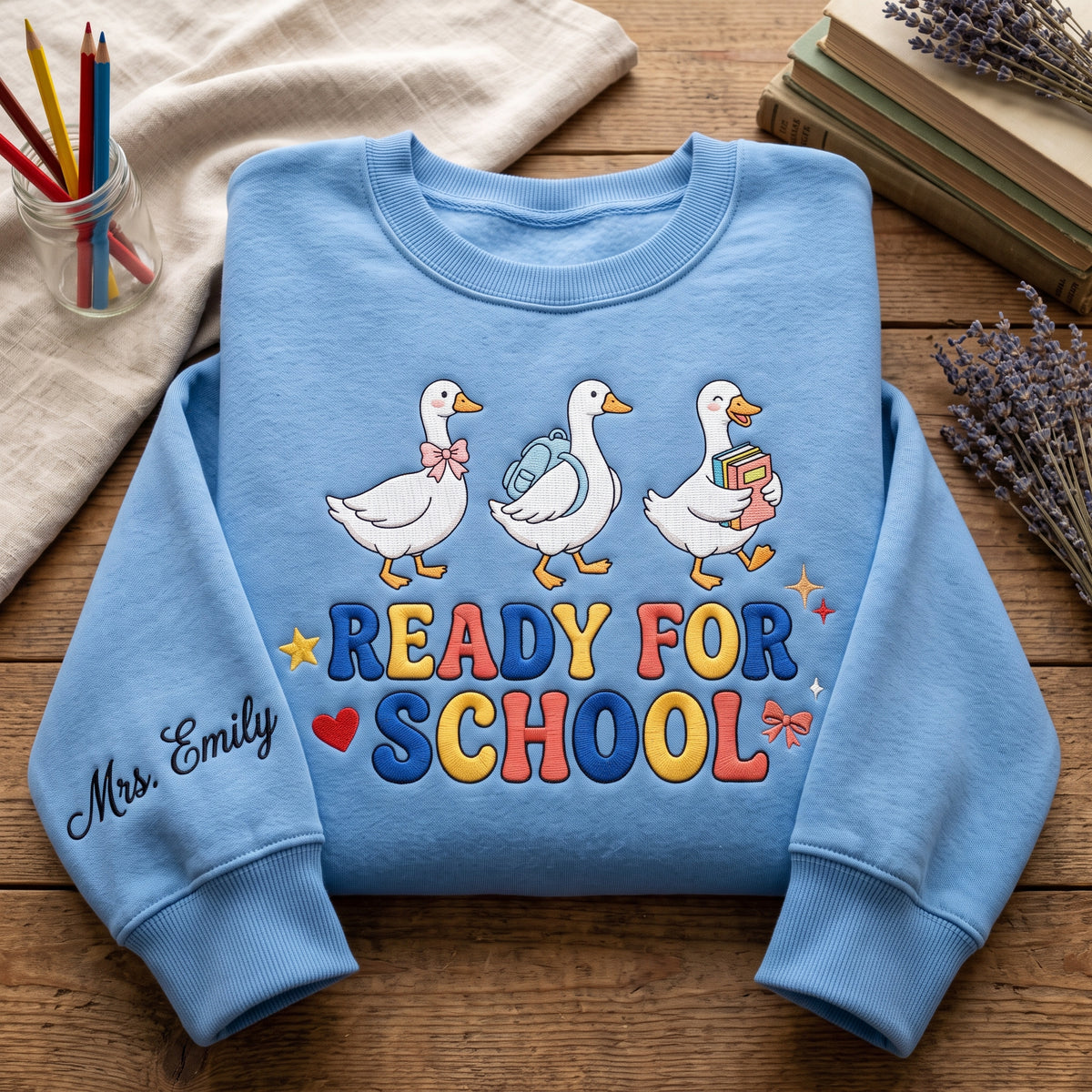 Personalized Teacher Three Geese Bow Backpack Books Ready for School embroidered sweatshirt — front view