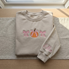 Personalized Fall Pumpkin Pink Coquette Bows Minimalist embroidered sweatshirt — front view
