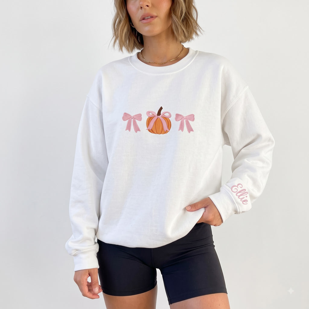 Personalized Fall Pumpkin Pink Coquette Bows Minimalist embroidered sweatshirt — front view