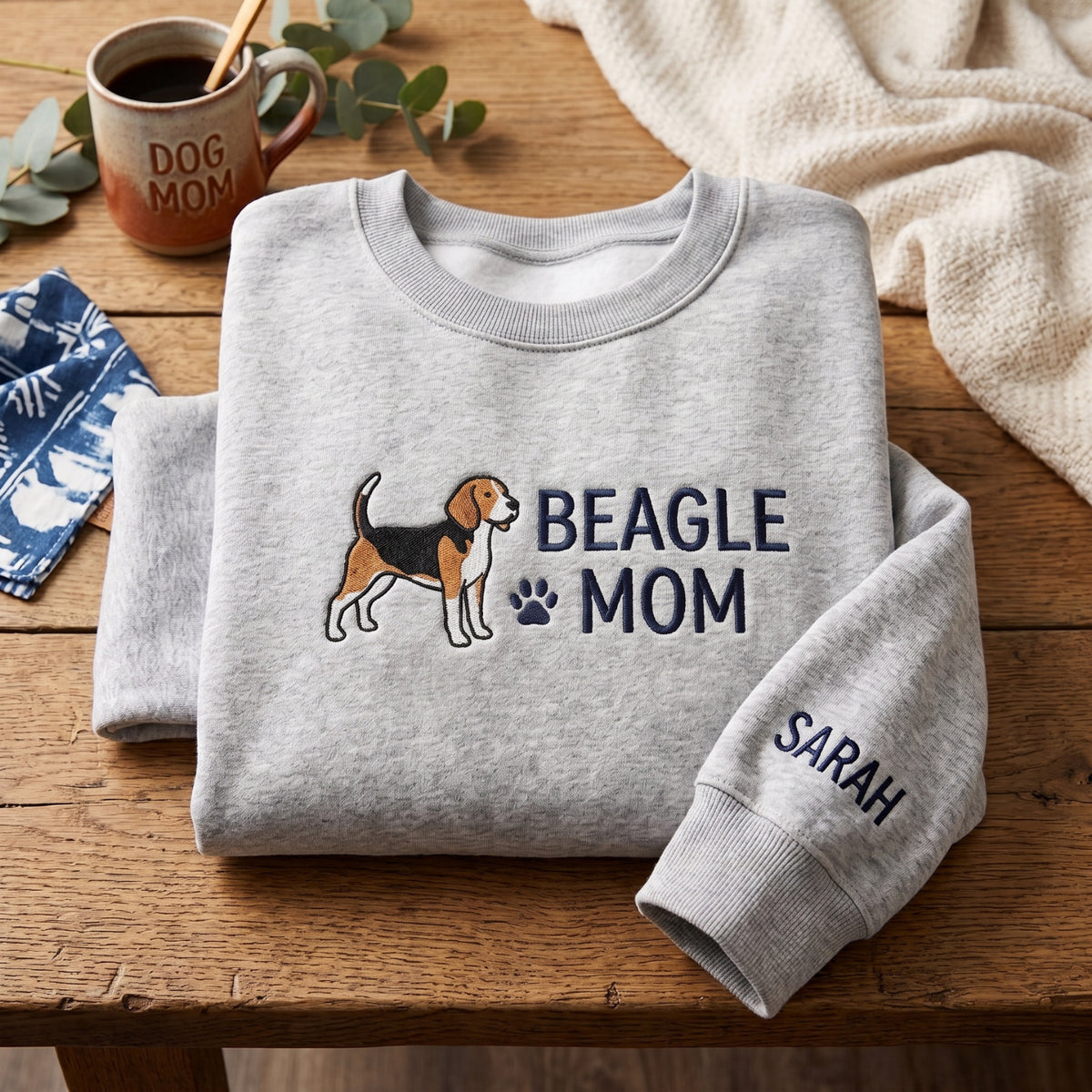 Personalized Beagle Mom Paw Print Sleeve Name embroidered sweatshirt — front view