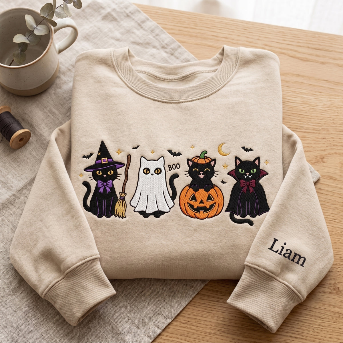 Personalized Halloween Black Cats Witch Ghost Pumpkin Vampire Costumes embroidered sweatshirt — front view