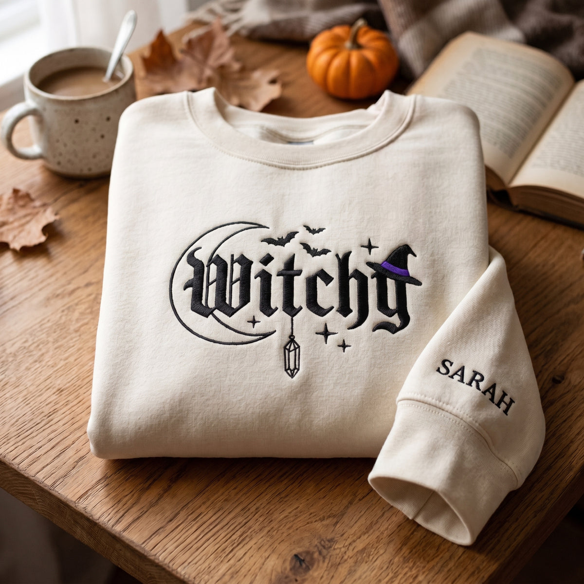 Personalized Witchy Gothic Lettering Crescent Moon Bats Crystal embroidered sweatshirt — front view