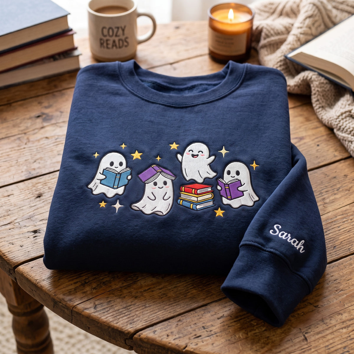 Personalized Halloween Four Ghosts Reading Books Stack embroidered sweatshirt — front view