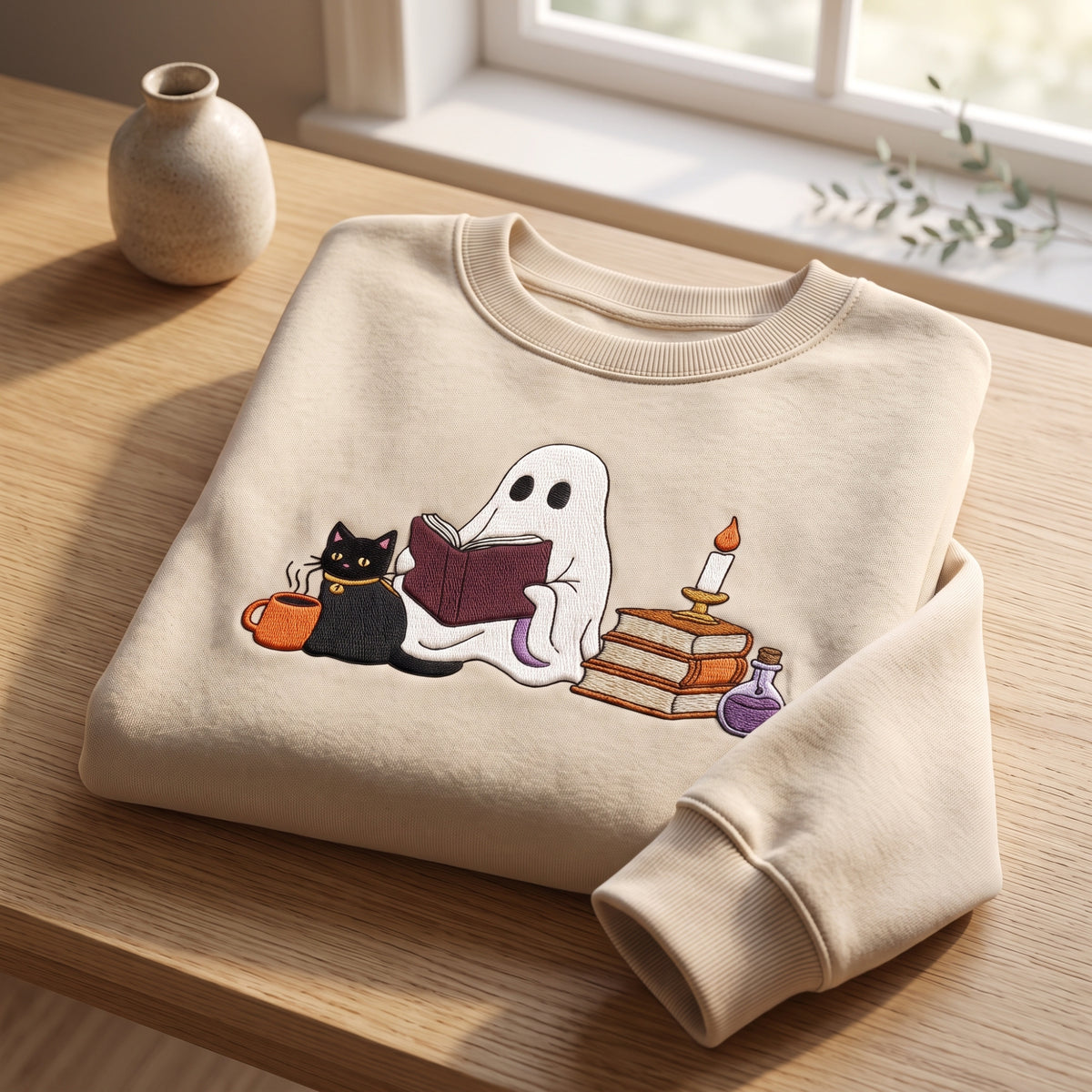 Ghost Reading Book Black Cat Candle Potion Book Stack embroidered sweatshirt — front view