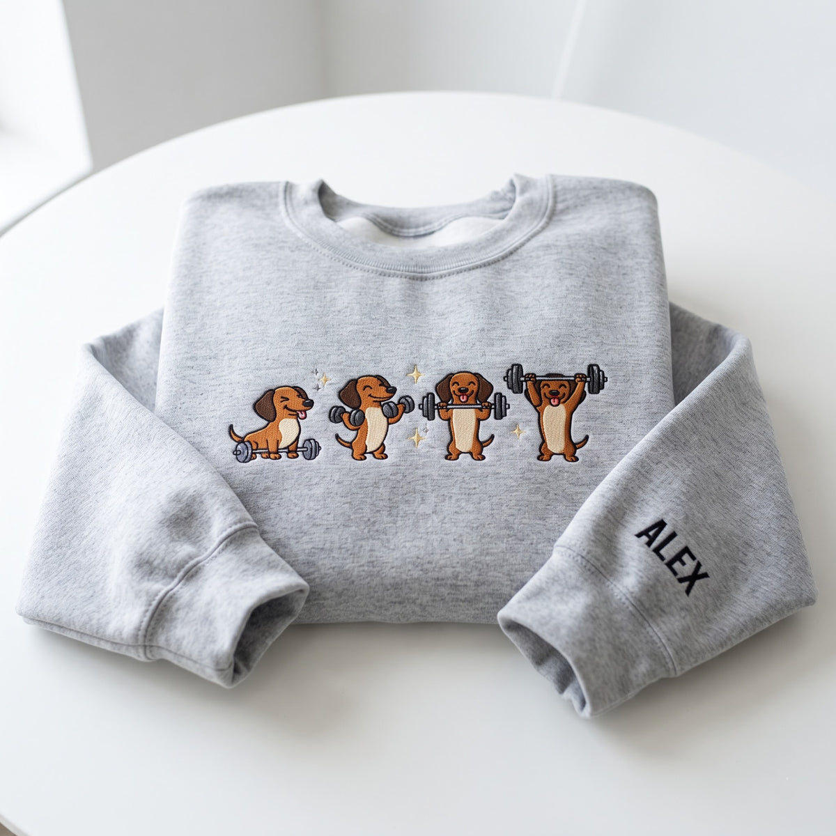 Personalized Dachshund Weightlifting Gym Dumbbells Barbell embroidered sweatshirt — front view