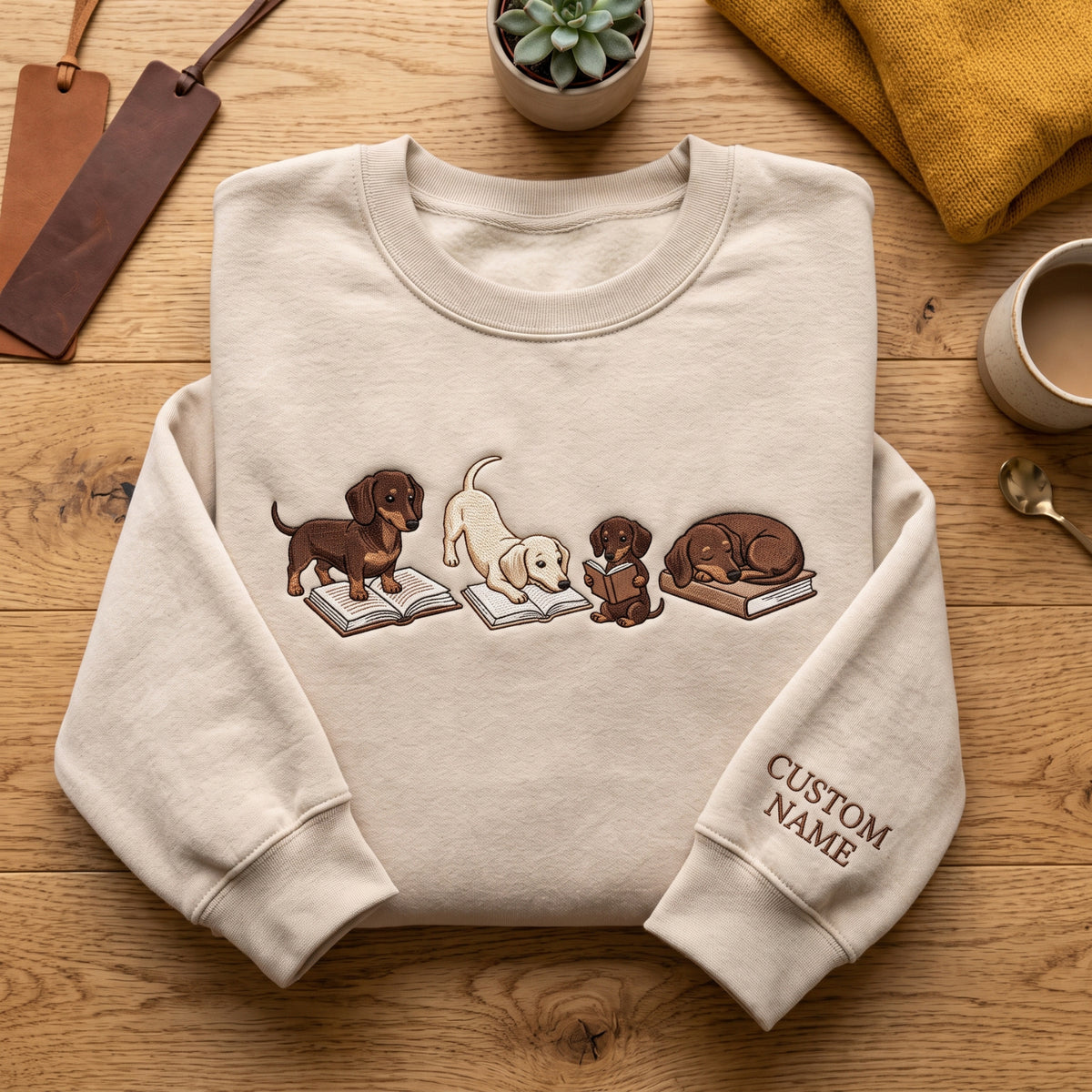 Personalized Dachshund Book Lover Reading Sleeping on Books embroidered sweatshirt — front view