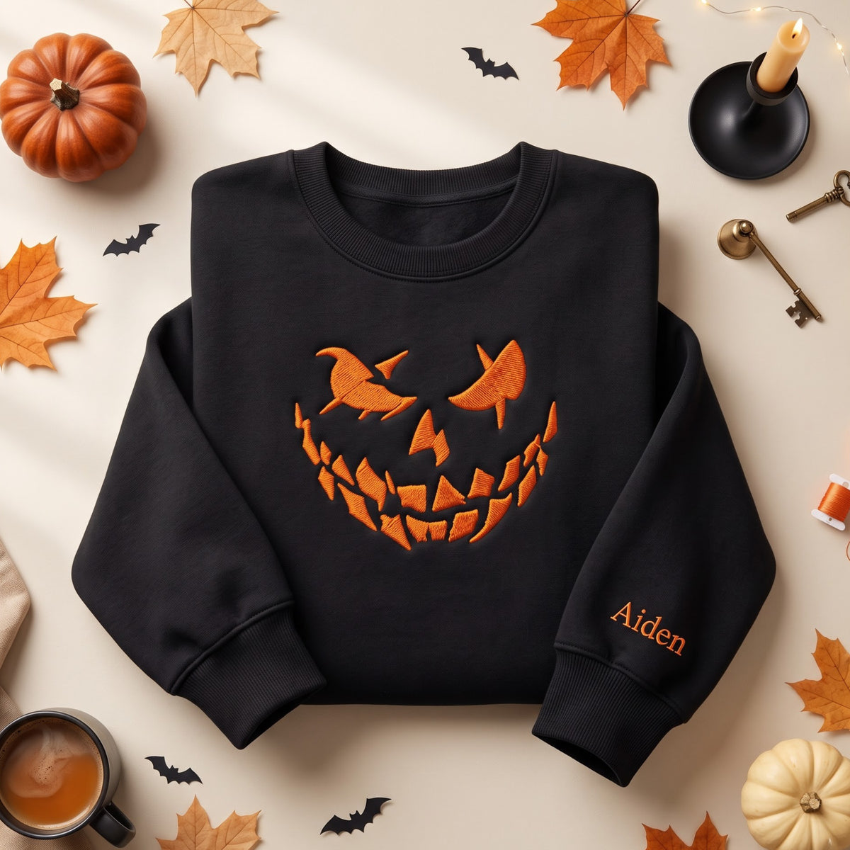 Personalized Halloween Jack-O-Lantern Scary Face Sleeve Name embroidered sweatshirt — front view