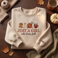 Personalized Just a Girl Who Loves Fall Knitting Scarf Cozy Mug embroidered sweatshirt — front view