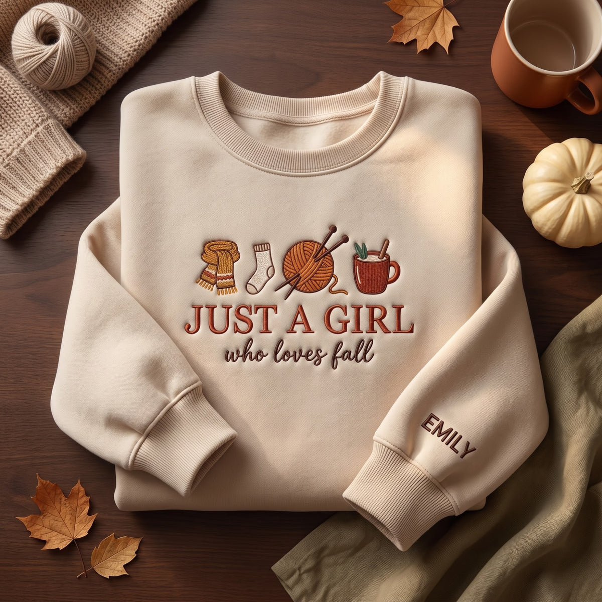 Personalized Just a Girl Who Loves Fall Knitting Scarf Cozy Mug embroidered sweatshirt — front view
