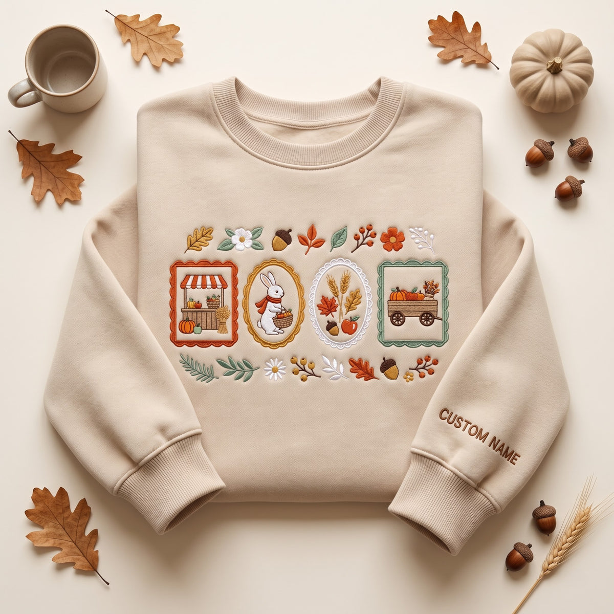 Personalized Autumn Harvest Bunny Market Wagon Four Frames Floral Sleeve Name embroidered sweatshirt — front view