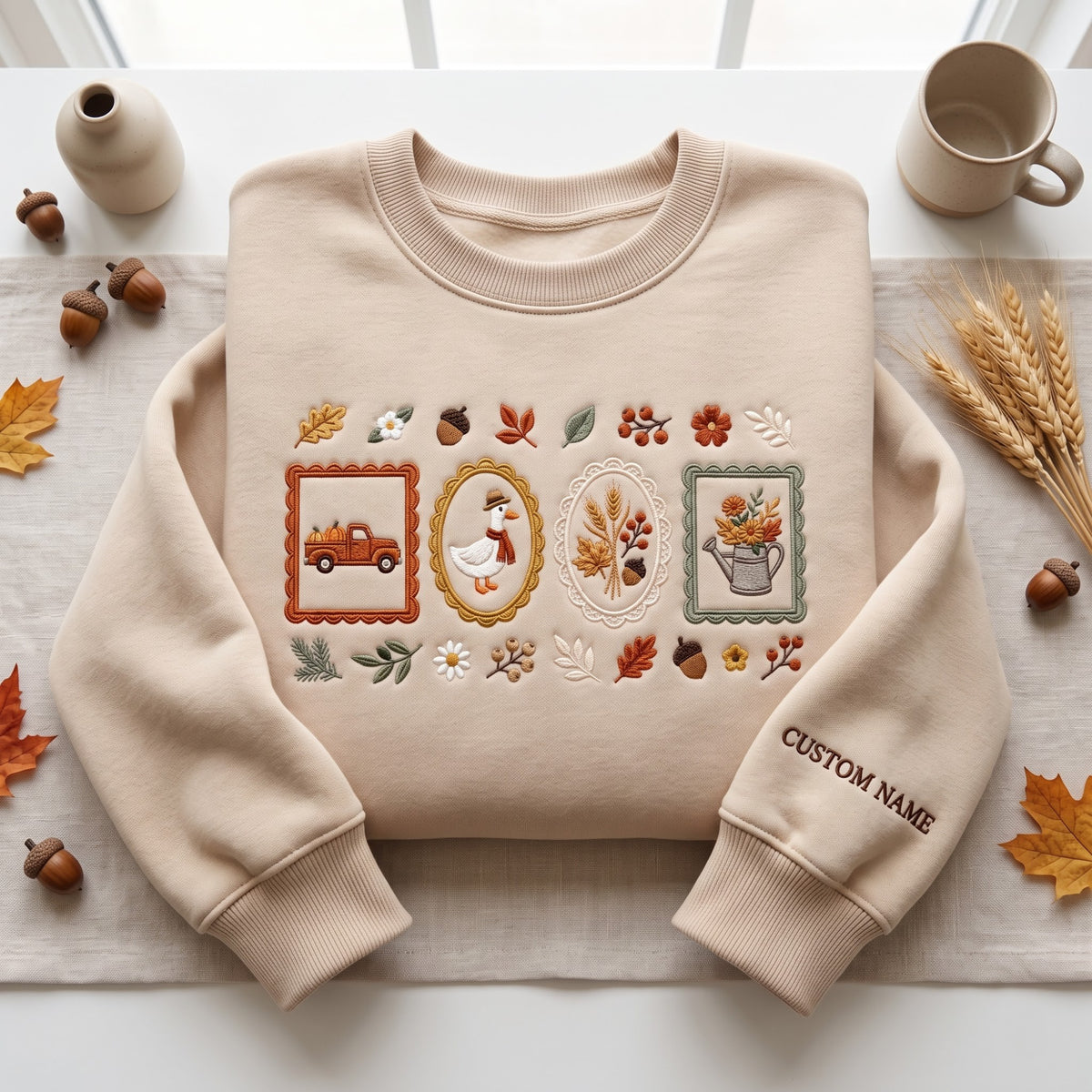 Personalized Autumn Harvest Goose Pumpkin Truck Watering Can Four Frames Floral Sleeve Name embroidered sweatshirt — front view
