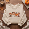 Personalized Cozy Season Books Pumpkin Latte Fall Leaves Sleeve Name embroidered sweatshirt — front view