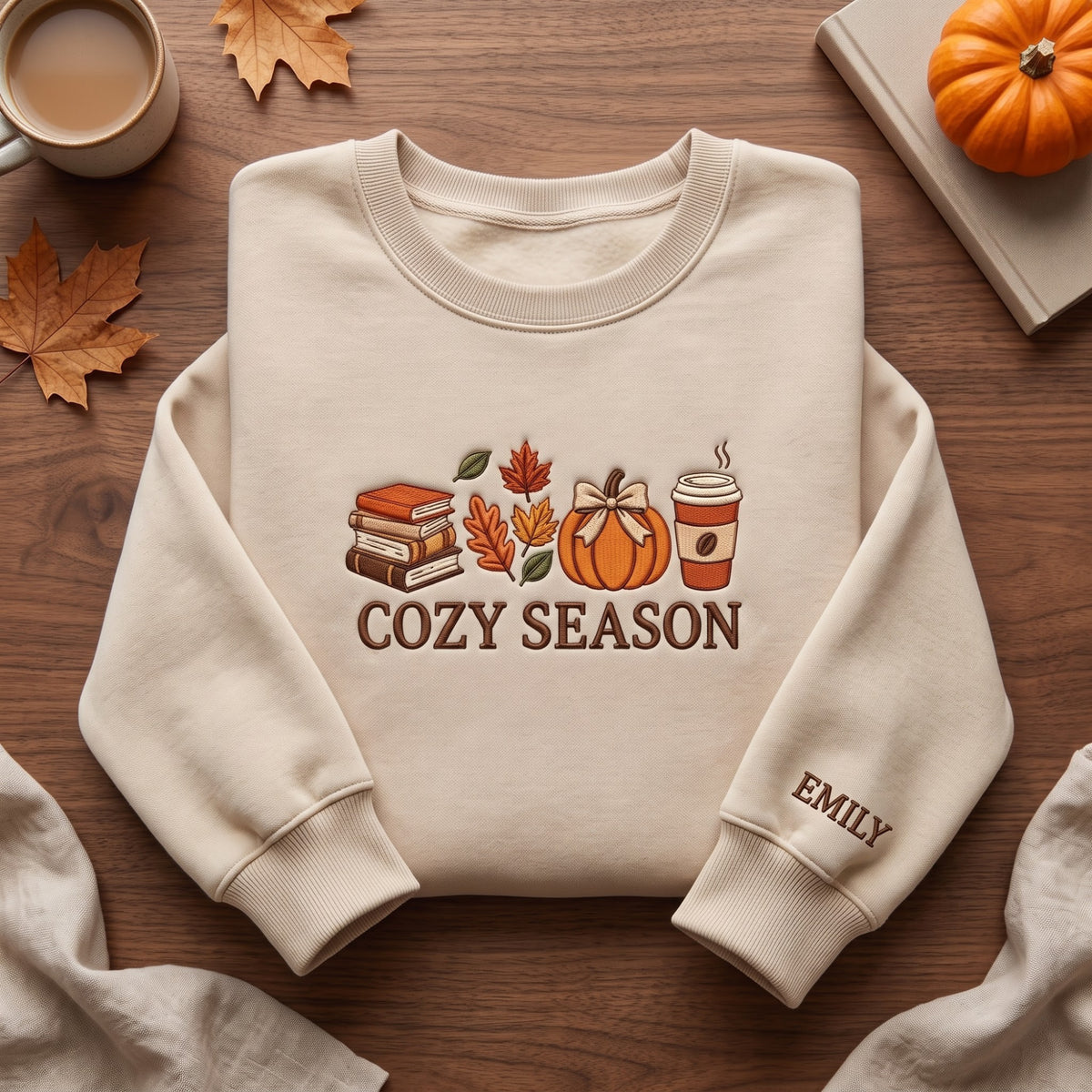 Personalized Cozy Season Books Pumpkin Latte Fall Leaves Sleeve Name embroidered sweatshirt — front view