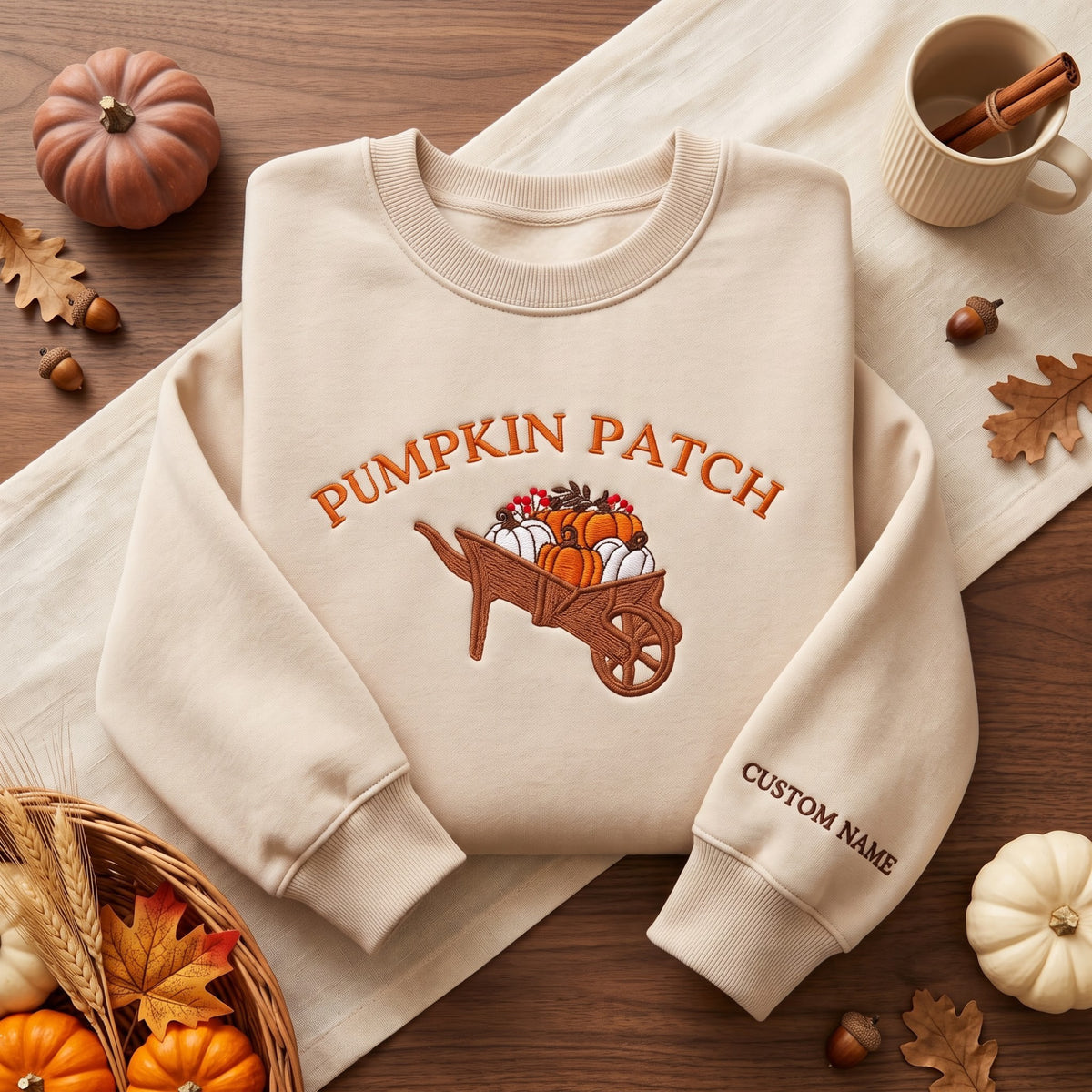 Personalized Pumpkin Patch Wheelbarrow Fall embroidered sweatshirt — front view