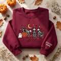 Personalized Halloween Skeleton Cats Ghost Pumpkin Crescent Moon Fall Leaves embroidered sweatshirt — front view