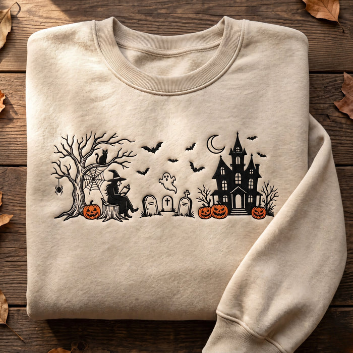 Personalized Halloween Witch Haunted House Ghost Pumpkin Spooky Scene Embroidered Sweatshirt